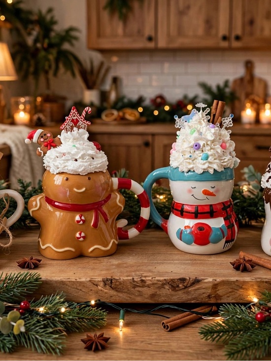 Other - Holiday Gingerbread and Snowman Mug Set - Festive Ceramic Hot Cocoa Mugs